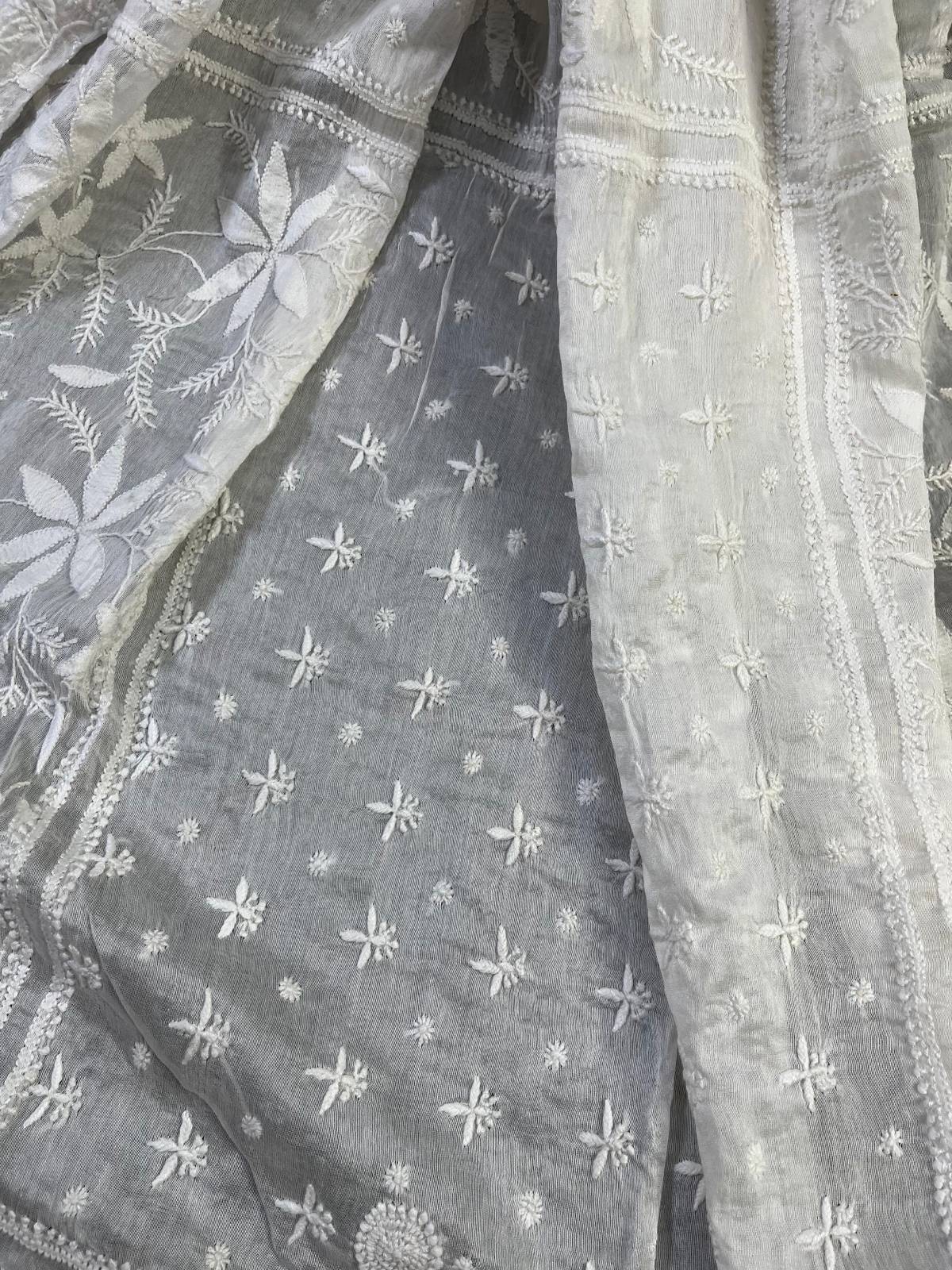 WHITE COTTON PURE HANDLOOM LUCKNOWI DUPATTA