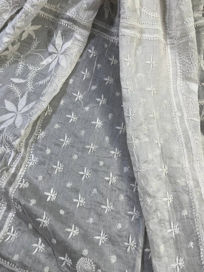 WHITE COTTON PURE HANDLOOM LUCKNOWI DUPATTA