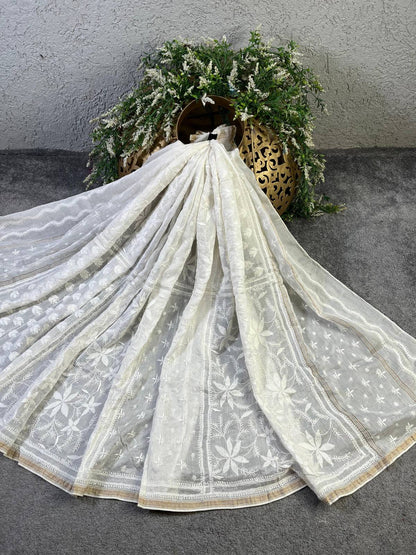 WHITE COTTON PURE HANDLOOM LUCKNOWI DUPATTA