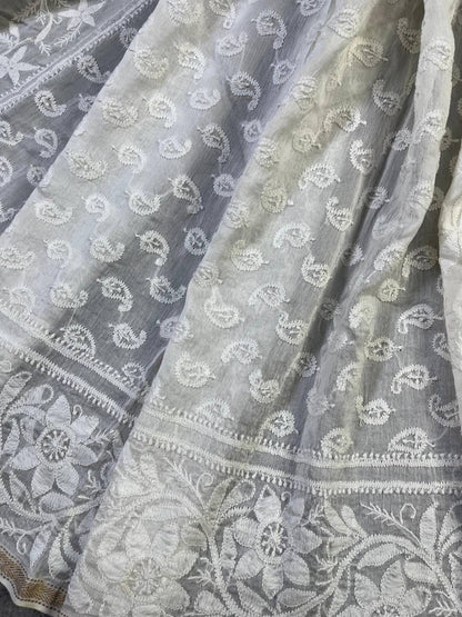 WHITE COTTON PURE HANDLOOM LUCKNOWI DUPATTA