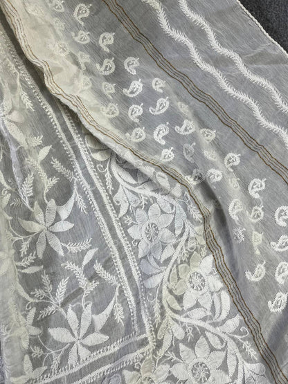 WHITE COTTON PURE HANDLOOM LUCKNOWI DUPATTA