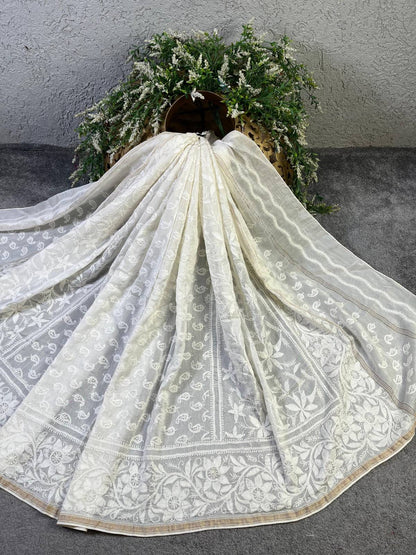 WHITE COTTON PURE HANDLOOM LUCKNOWI DUPATTA