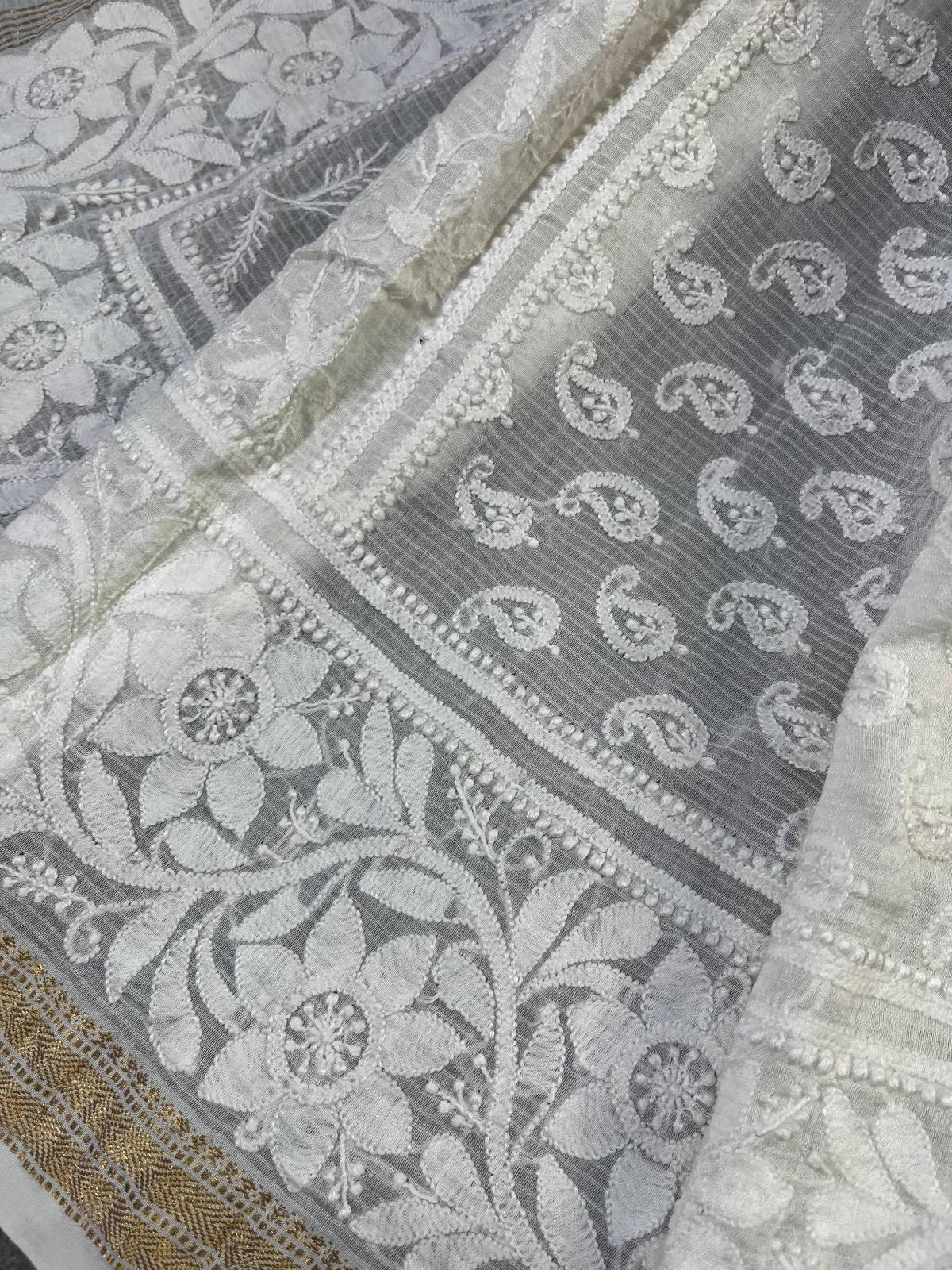 WHITE COTTON PURE HANDLOOM LUCKNOWI DUPATTA