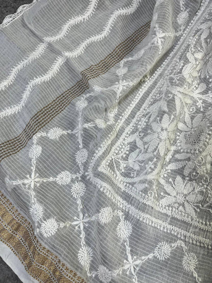 WHITE COTTON PURE HANDLOOM LUCKNOWI DUPATTA