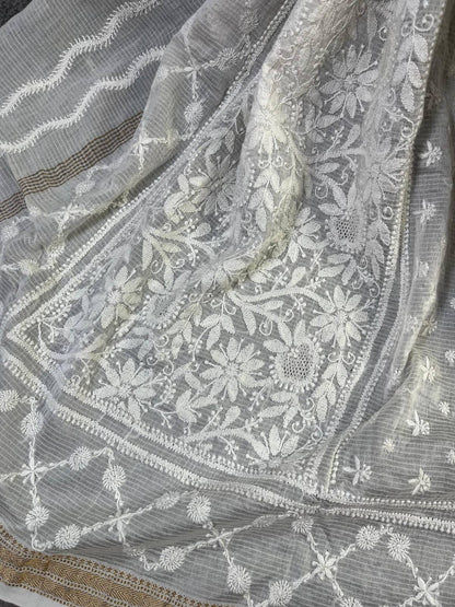 WHITE COTTON PURE HANDLOOM LUCKNOWI DUPATTA