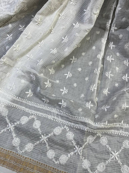 WHITE COTTON PURE HANDLOOM LUCKNOWI DUPATTA