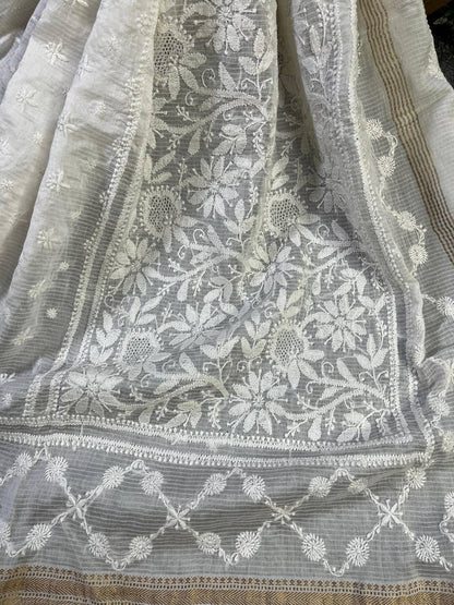 WHITE COTTON PURE HANDLOOM LUCKNOWI DUPATTA