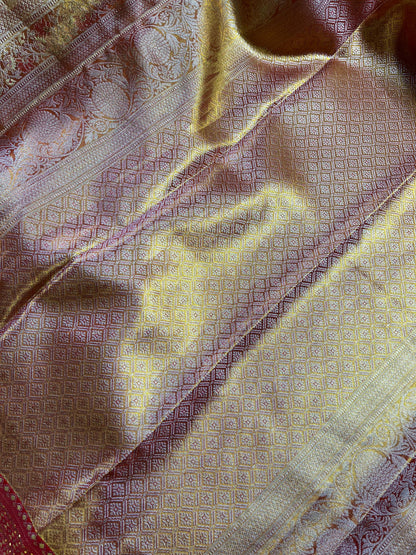 PARROT GREEN TISSUE SILK PURE HANDLOOM KANJIVARAM SAREE