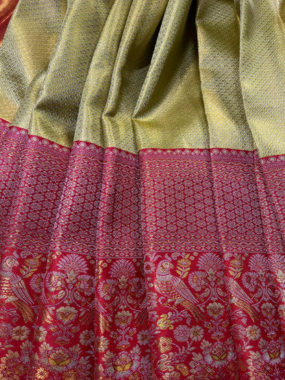 PARROT GREEN TISSUE SILK PURE HANDLOOM KANJIVARAM SAREE