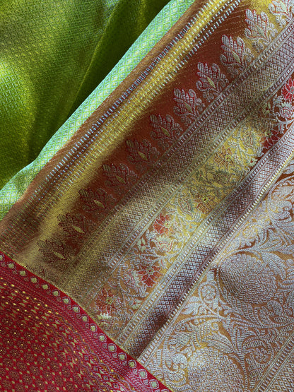 PARROT GREEN TISSUE SILK PURE HANDLOOM KANJIVARAM SAREE