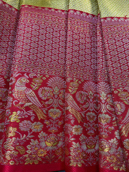 PARROT GREEN TISSUE SILK PURE HANDLOOM KANJIVARAM SAREE