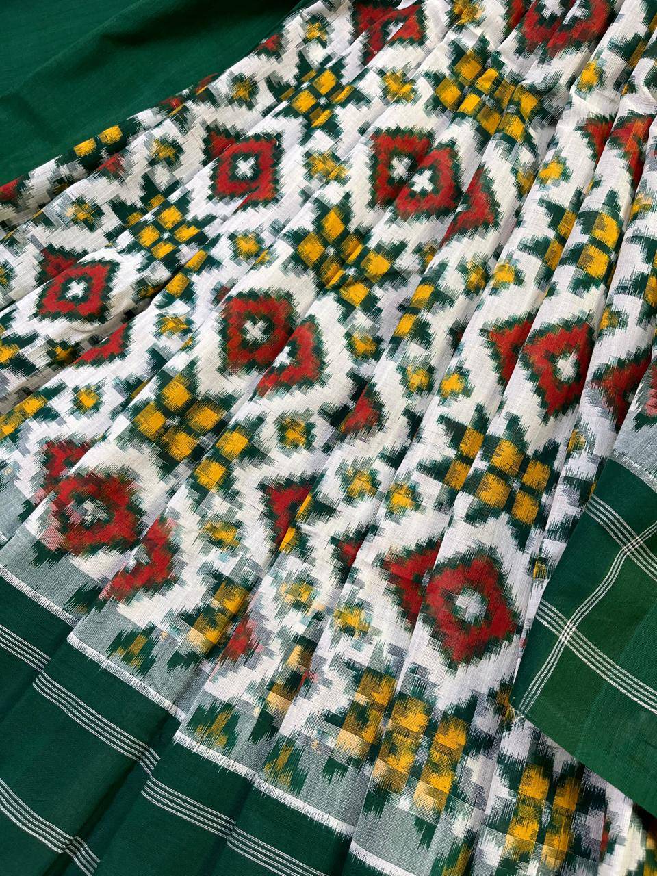 DARK GREEN COTTON PURE HANDLOOM IKKAT SAREE