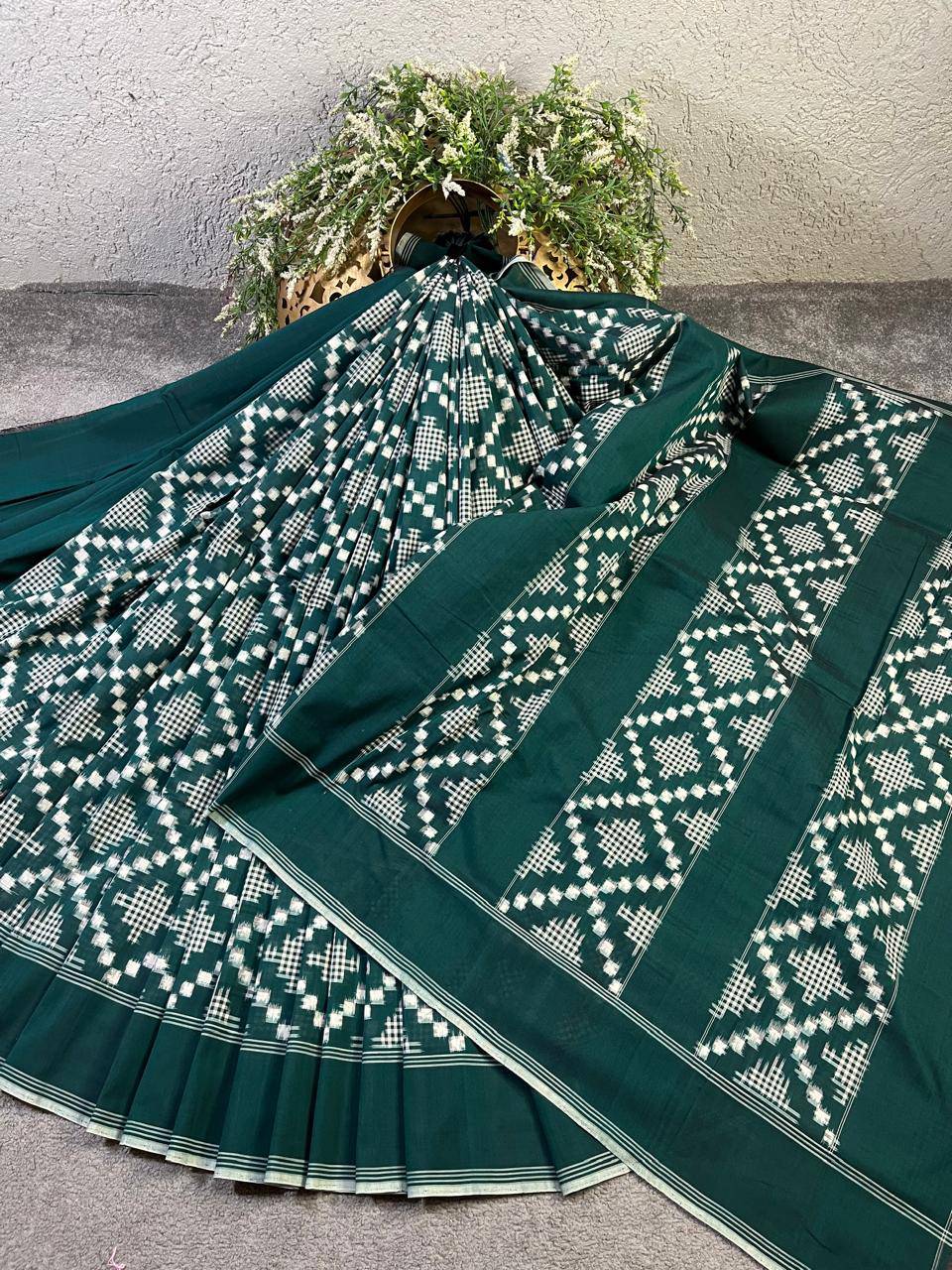 GREEN COTTON PURE HANDLOOM IKKAT SAREE