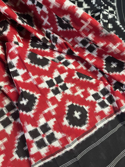 RED COTTON PURE HANDLOOM IKKAT SAREE