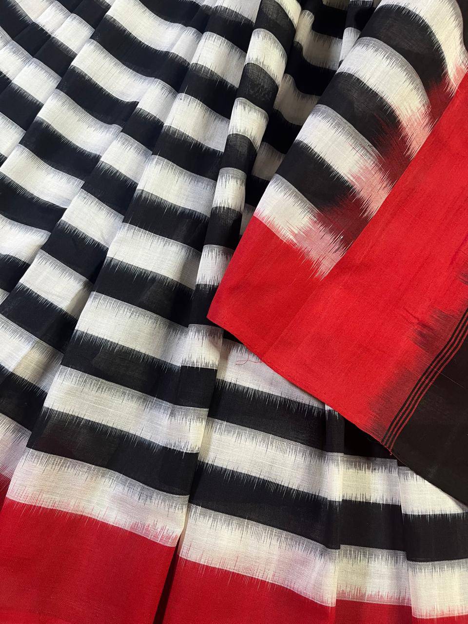 BLACK WHITE COTTON PURE HANDLOOM IKKAT SAREE