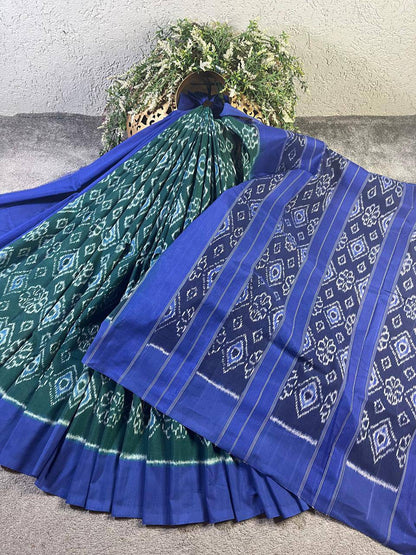 PEACOCK GREEN COTTON PURE HANDLOOM IKKAT SAREE