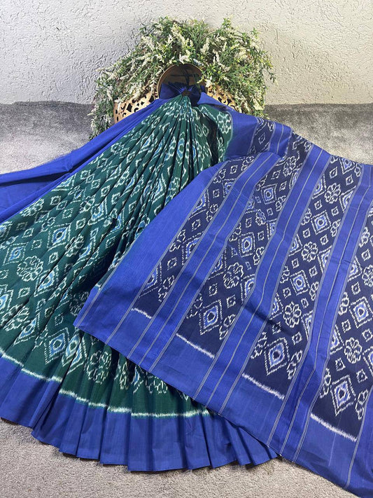 PEACOCK GREEN COTTON PURE HANDLOOM IKKAT SAREE