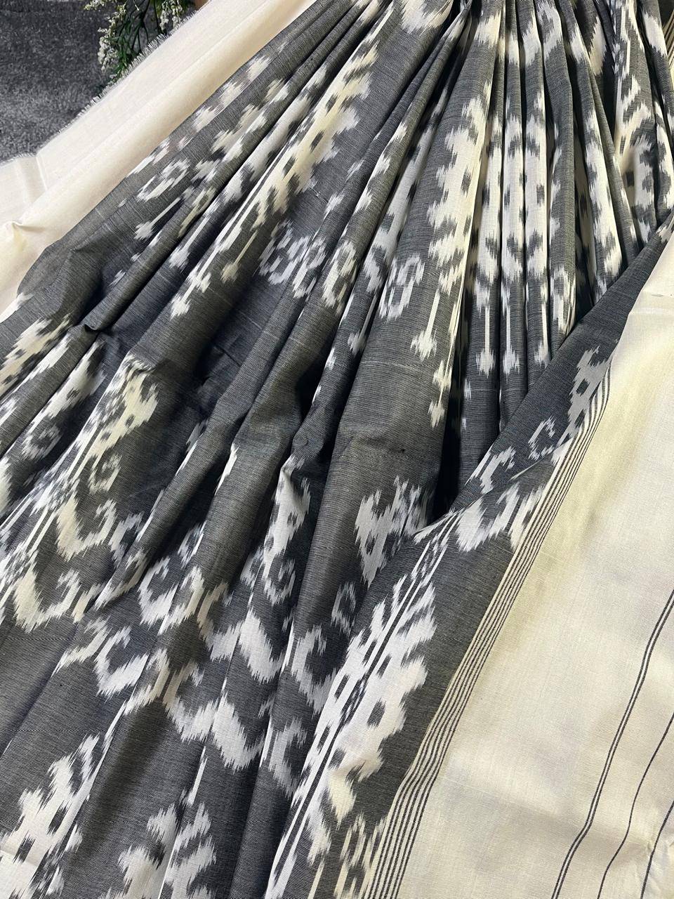 GREY COTTON PURE HANDLOOM IKKAT SAREE