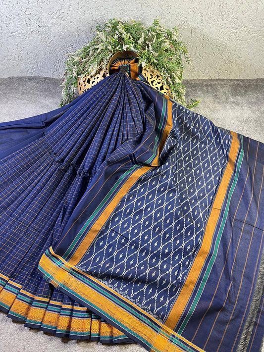 NAVY BLUE COTTON PURE HANDLOOM IKKAT SAREE
