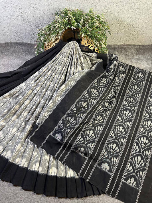 GREY COTTON PURE HANDLOOM IKKAT SAREE