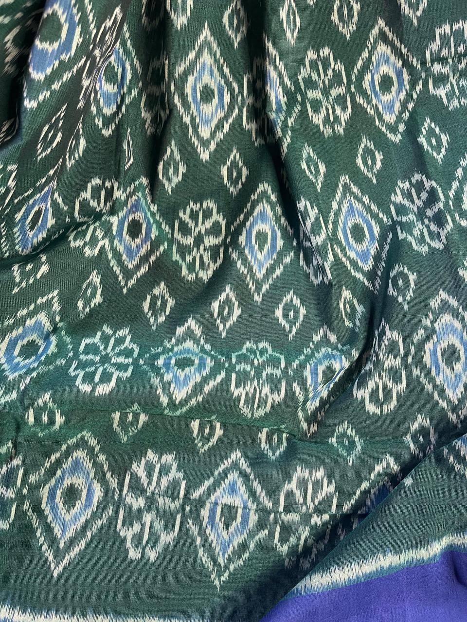 PEACOCK GREEN COTTON PURE HANDLOOM IKKAT SAREE