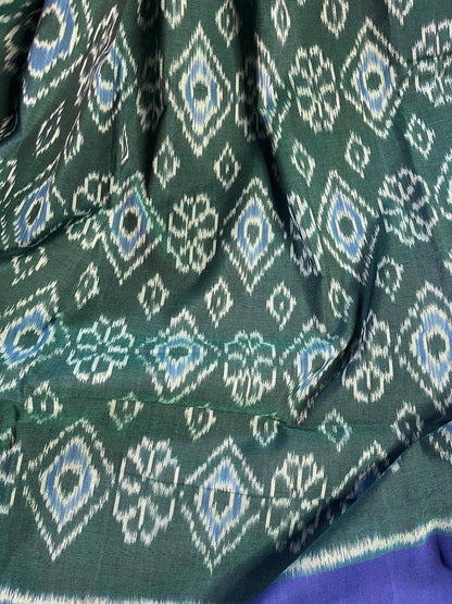 PEACOCK GREEN COTTON PURE HANDLOOM IKKAT SAREE