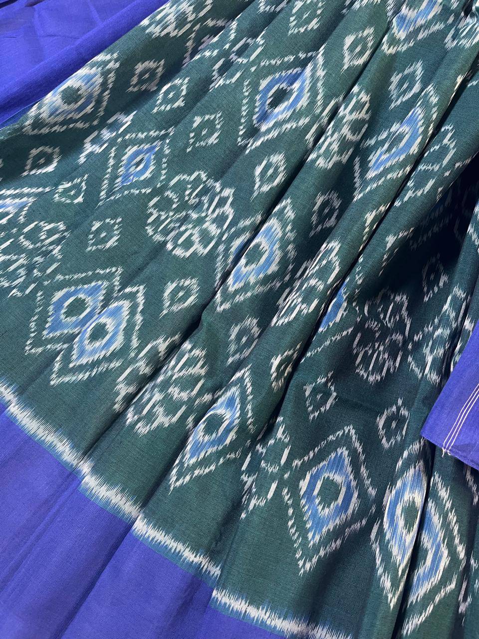 PEACOCK GREEN COTTON PURE HANDLOOM IKKAT SAREE