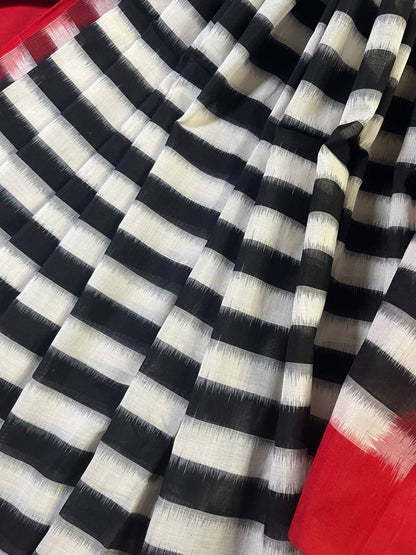 BLACK WHITE COTTON PURE HANDLOOM IKKAT SAREE