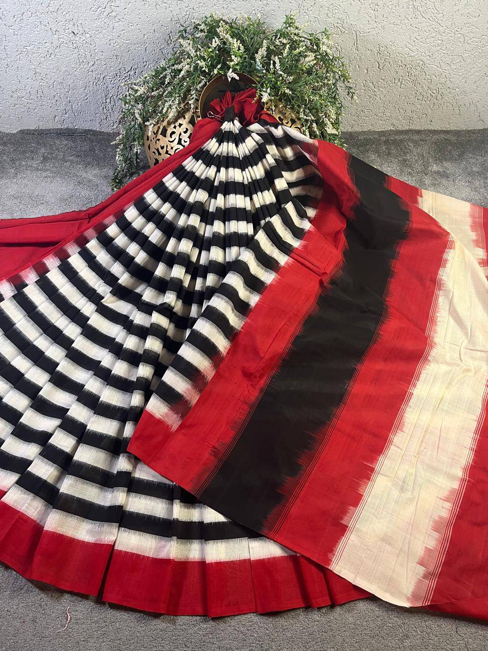 BLACK WHITE COTTON PURE HANDLOOM IKKAT SAREE