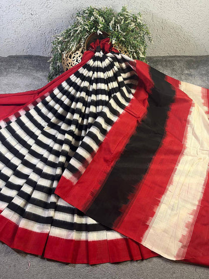 BLACK WHITE COTTON PURE HANDLOOM IKKAT SAREE
