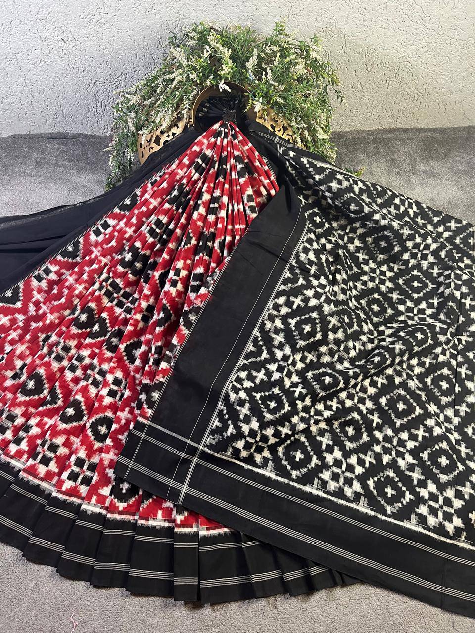 RED COTTON PURE HANDLOOM IKKAT SAREE