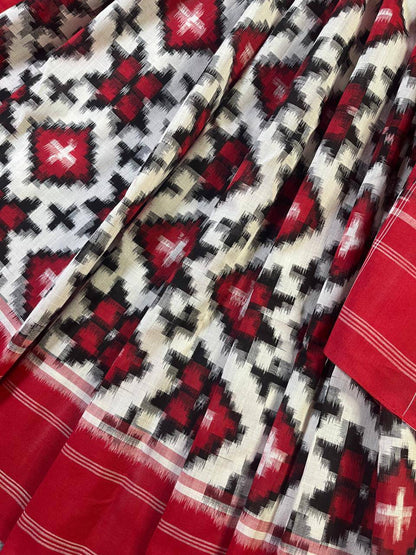 WHITE COTTON PURE HANDLOOM IKKAT SAREE