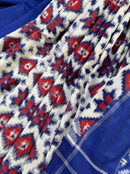 WHITE COTTON PURE HANDLOOM IKKAT SAREE