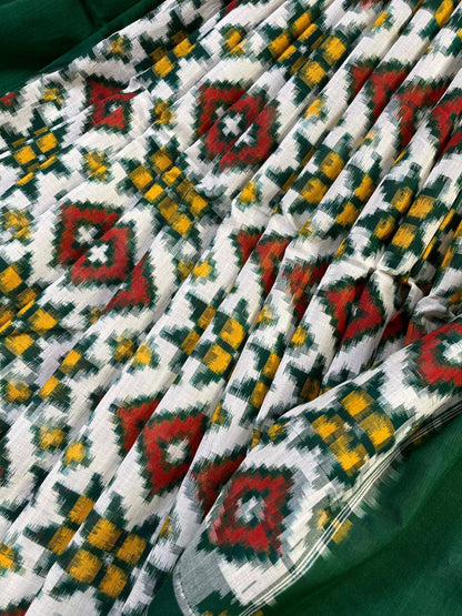 DARK GREEN COTTON PURE HANDLOOM IKKAT SAREE