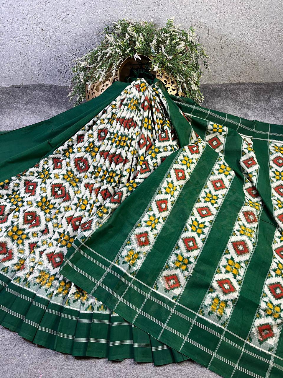 DARK GREEN COTTON PURE HANDLOOM IKKAT SAREE