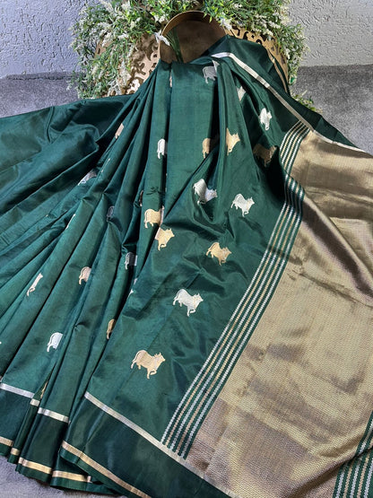 BOTTLE GREEN CHINIYA SILK PURE HANDLOOM BANARASI SAREE