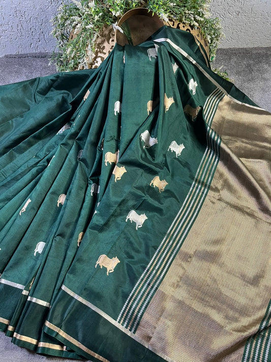 BOTTLE GREEN CHINIYA SILK PURE HANDLOOM BANARASI SAREE