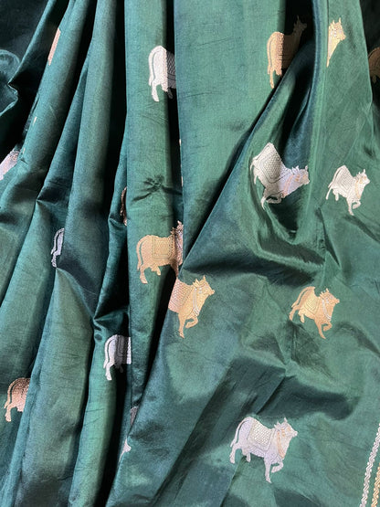 BOTTLE GREEN CHINIYA SILK PURE HANDLOOM BANARASI SAREE