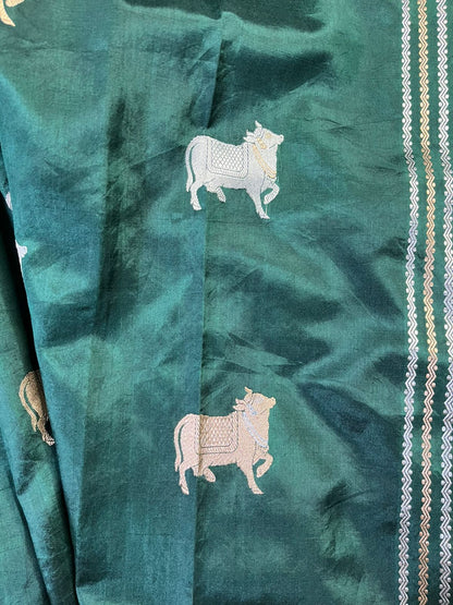 BOTTLE GREEN CHINIYA SILK PURE HANDLOOM BANARASI SAREE