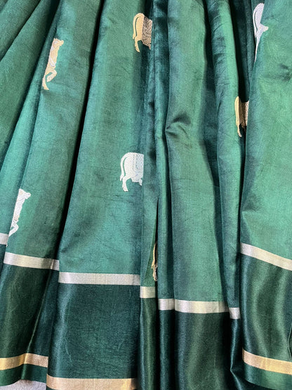 BOTTLE GREEN CHINIYA SILK PURE HANDLOOM BANARASI SAREE