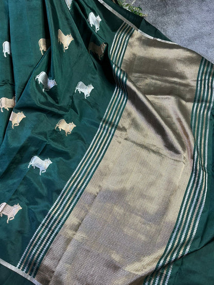 BOTTLE GREEN CHINIYA SILK PURE HANDLOOM BANARASI SAREE