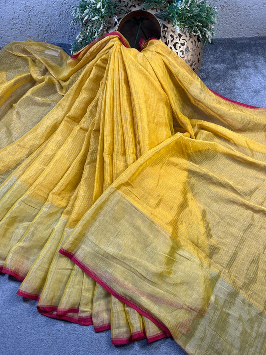 YELLOW MUL TISSUE PURE HANDLOOM SAREE