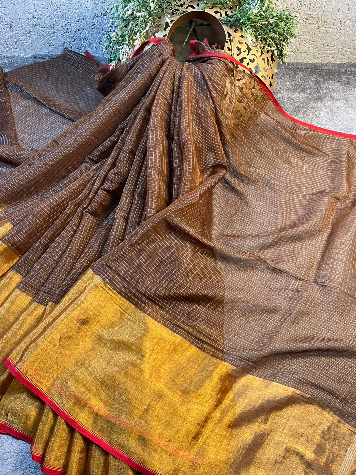 BROWN MUL TISSUE PURE HANDLOOM SAREE