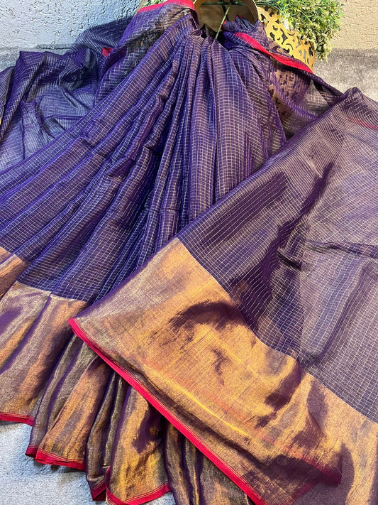 INDIGO PURPLE MUL TISSUE PURE HANDLOOM SAREE