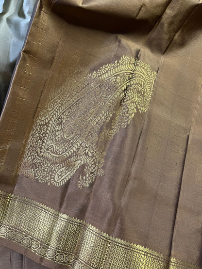 BROWN PURE HANDLOOM MUBBAGAM KANJIVARAM SILK SAREE