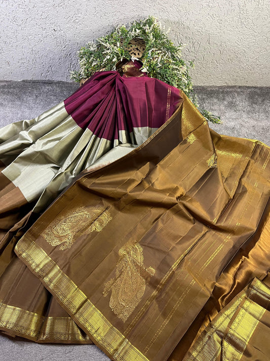 BROWN PURE HANDLOOM MUBBAGAM KANJIVARAM SILK SAREE