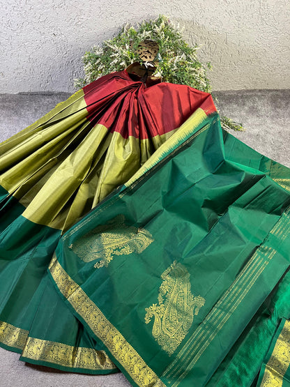 MEHENDI GREEN PURE HANDLOOM MUBBAGAM KANJIVARAM SILK SAREE