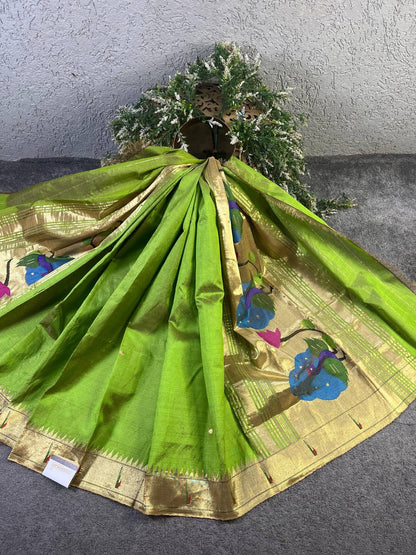 PARROT GREEN TISSUE PURE HANDLOOM PAITHANI DUPATTA