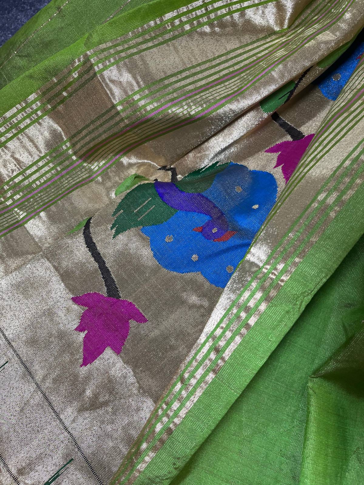 PARROT GREEN TISSUE PURE HANDLOOM PAITHANI DUPATTA