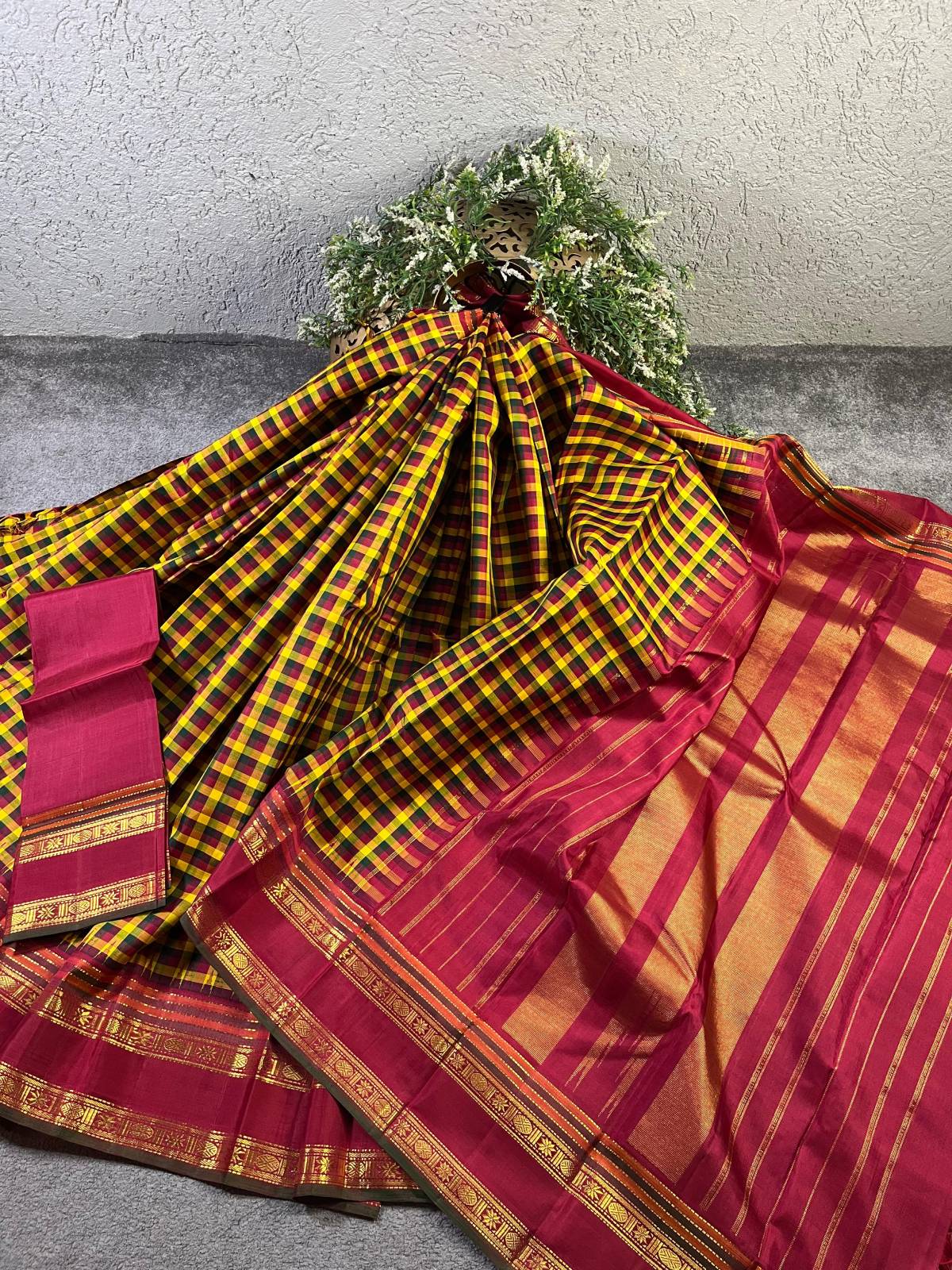 MUSTARD RED GREEN SILK PURE HANDLOOM KANJIVARM SAREE